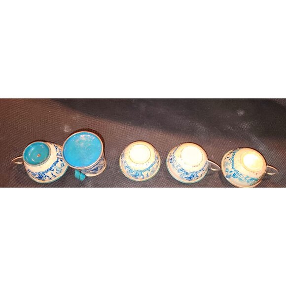 Vintage Toy Blue Willow China Tea Set Antique Metal Miniature - Picture 6 of 8
